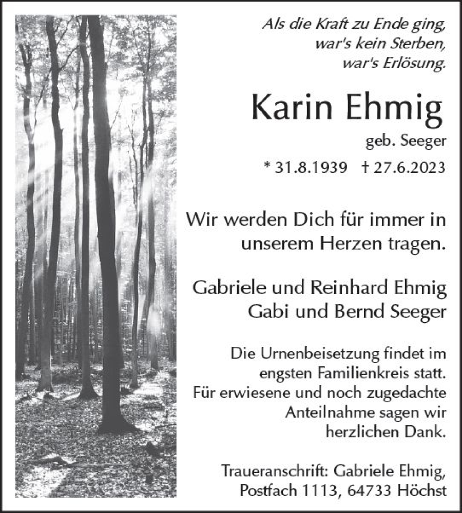  Traueranzeige für Karin Ehmig vom 08.07.2023 aus Odenwälder Echo