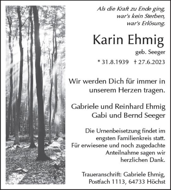 Traueranzeige von Karin Ehmig von Odenwälder Echo
