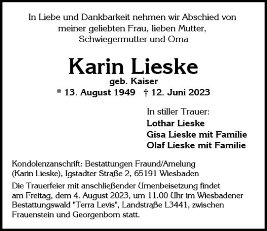 Traueranzeige von Karin Lieske von Wiesbadener Kurier