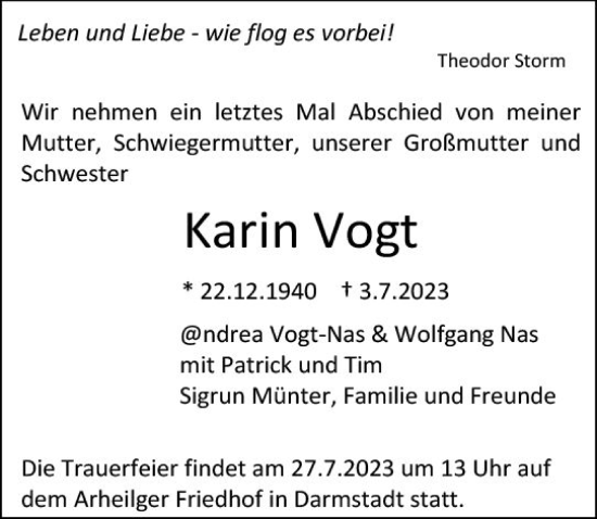 Traueranzeige von Karin Vogt von Darmstädter Echo