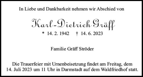 Traueranzeige von Karl-Dietrich Gräff von Darmstädter Echo