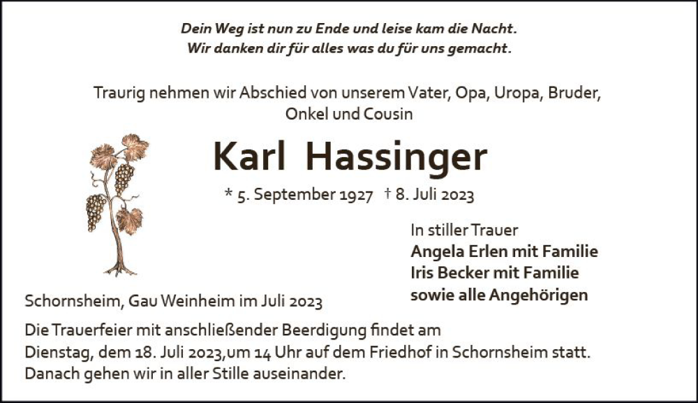  Traueranzeige für Karl Hassinger vom 13.07.2023 aus Allgemeine Zeitung Alzey