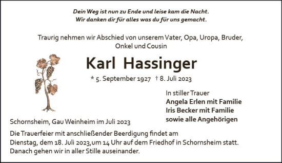 Traueranzeige von Karl Hassinger von Allgemeine Zeitung Alzey