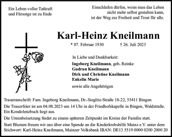 Traueranzeige von Karl-Heinz Kneilmann von Allgemeine Zeitung Bingen/Ingelheim