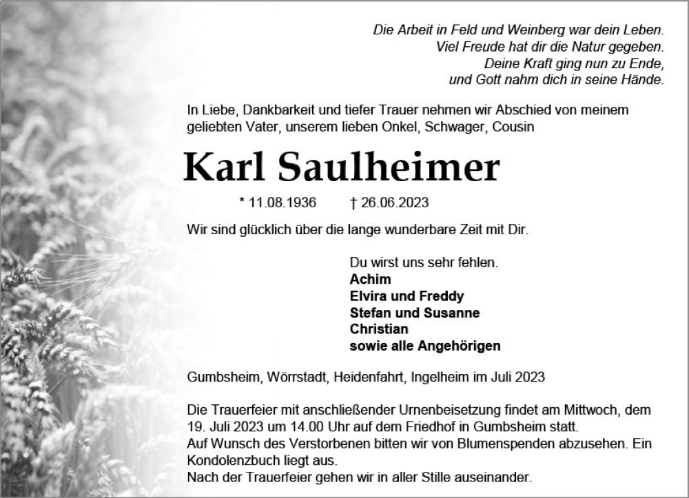  Traueranzeige für Karl Saulheimer vom 15.07.2023 aus Allgemeine Zeitung Alzey