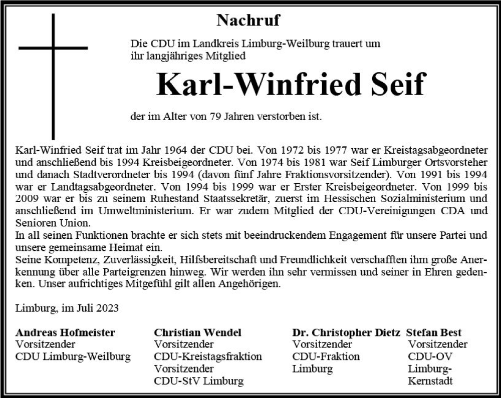  Traueranzeige für Karl-Winfried Seif vom 08.07.2023 aus Nassauische Neue Presse