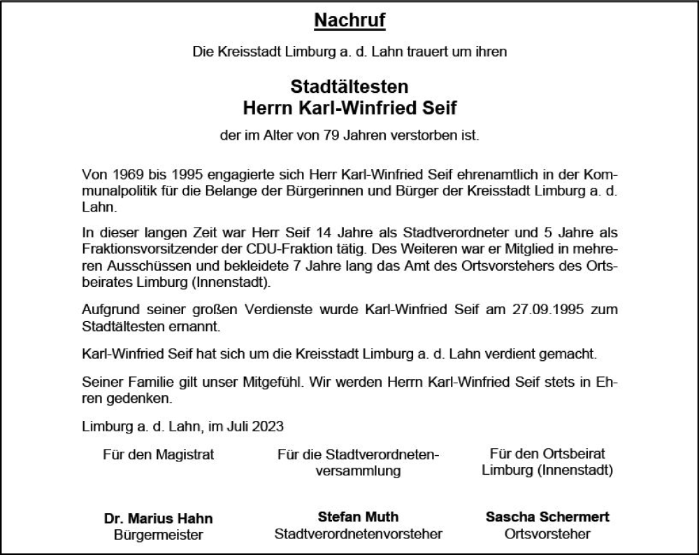  Traueranzeige für Karl-Winfried Seif vom 06.07.2023 aus Nassauische Neue Presse