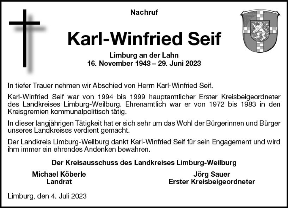  Traueranzeige für Karl-Winfried Seif vom 06.07.2023 aus Weilburger Tageblatt