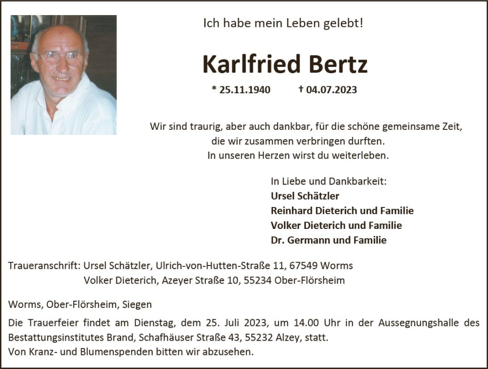  Traueranzeige für Karlfried Bertz vom 22.07.2023 aus Allgemeine Zeitung Alzey