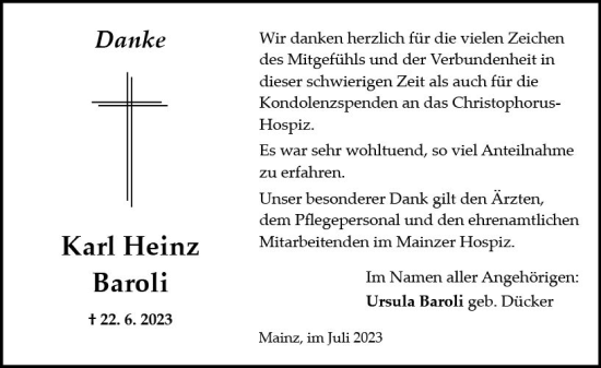 Traueranzeige von Karl Heinz Baroli von Allgemeine Zeitung Mainz
