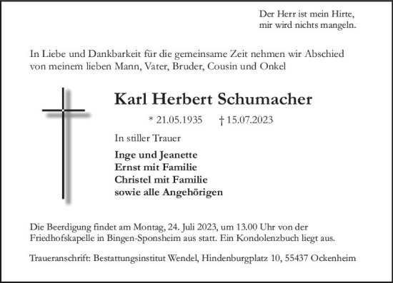 Traueranzeige von Karl Herbert Schumacher von Bingen/Ingelheim WOBL inkl. Neue Binger Ztg.
