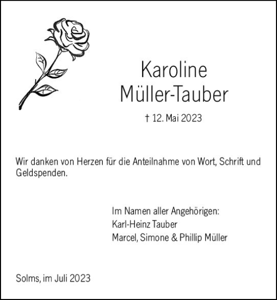Traueranzeige von Karoline Müller-Tauber von Wetzlarer Neue Zeitung