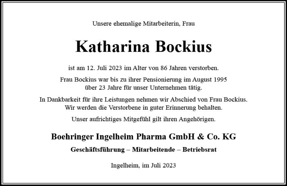  Traueranzeige für Katharina  Bockius vom 26.07.2023 aus Allgemeine Zeitung Bingen/Ingelheim