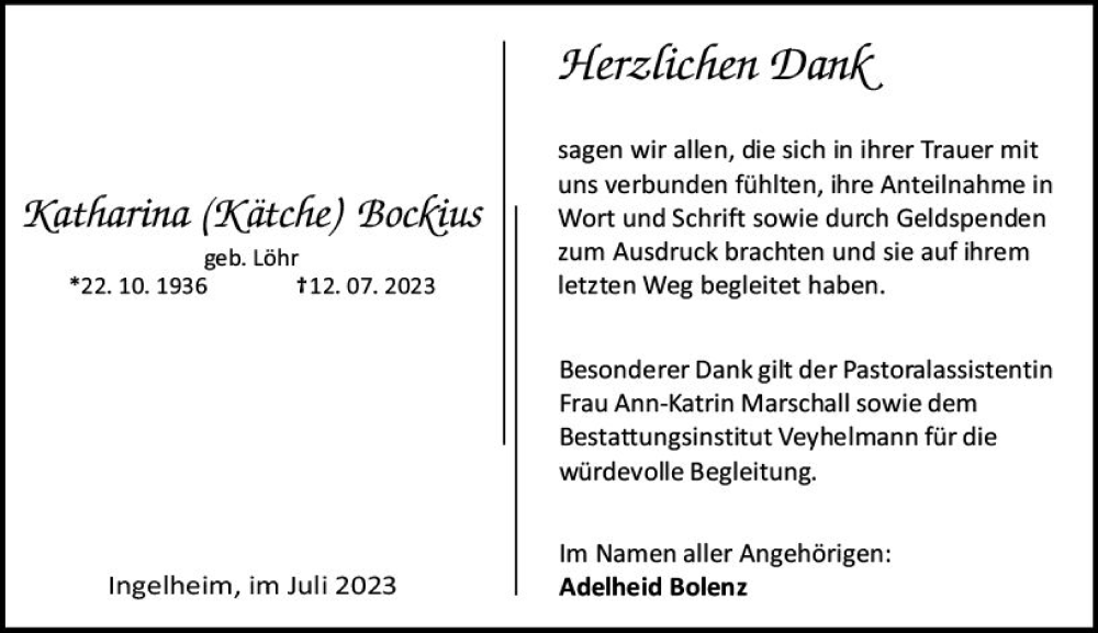  Traueranzeige für Katharina  Bockius vom 29.07.2023 aus Allgemeine Zeitung Bingen/Ingelheim