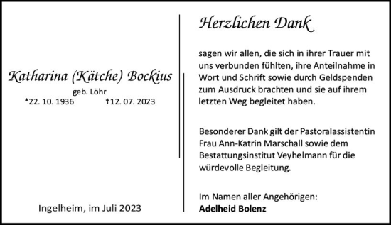 Traueranzeige von Katharina  Bockius von Allgemeine Zeitung Bingen/Ingelheim