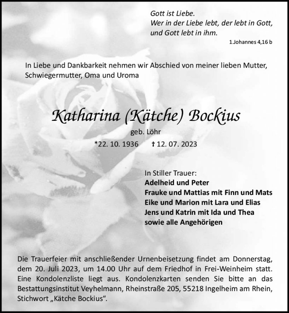  Traueranzeige für Katharina  Bockius vom 15.07.2023 aus Allgemeine Zeitung Bingen/Ingelheim