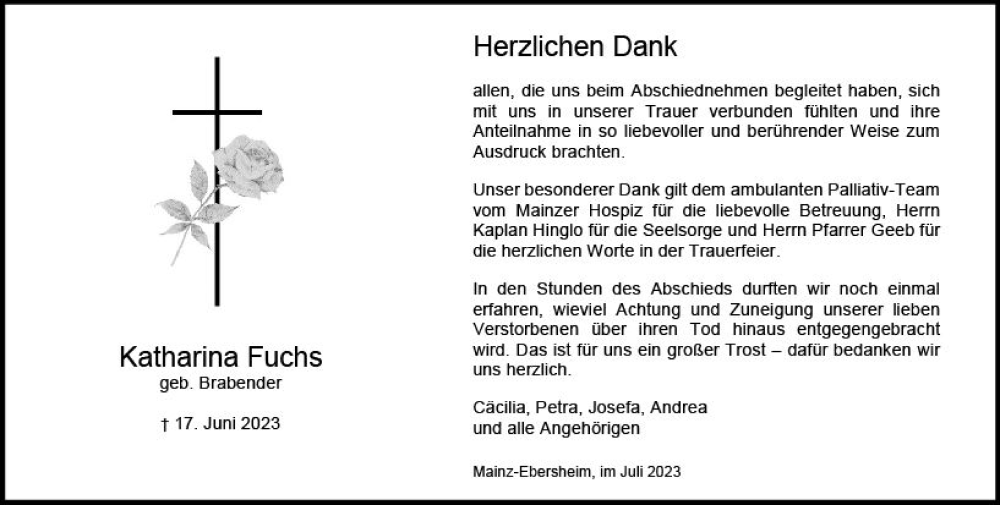  Traueranzeige für Katharina Fuchs vom 08.07.2023 aus Allgemeine Zeitung Mainz
