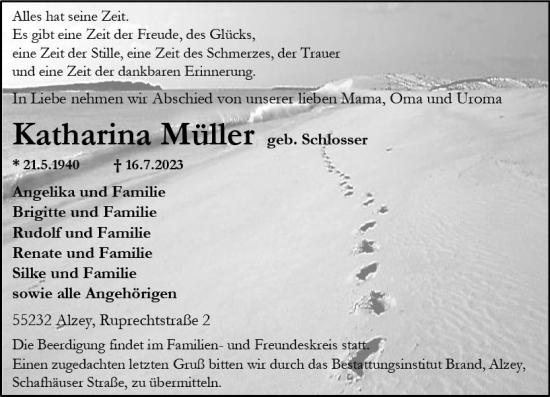 Traueranzeige von Katharina Müller von Allgemeine Zeitung Alzey