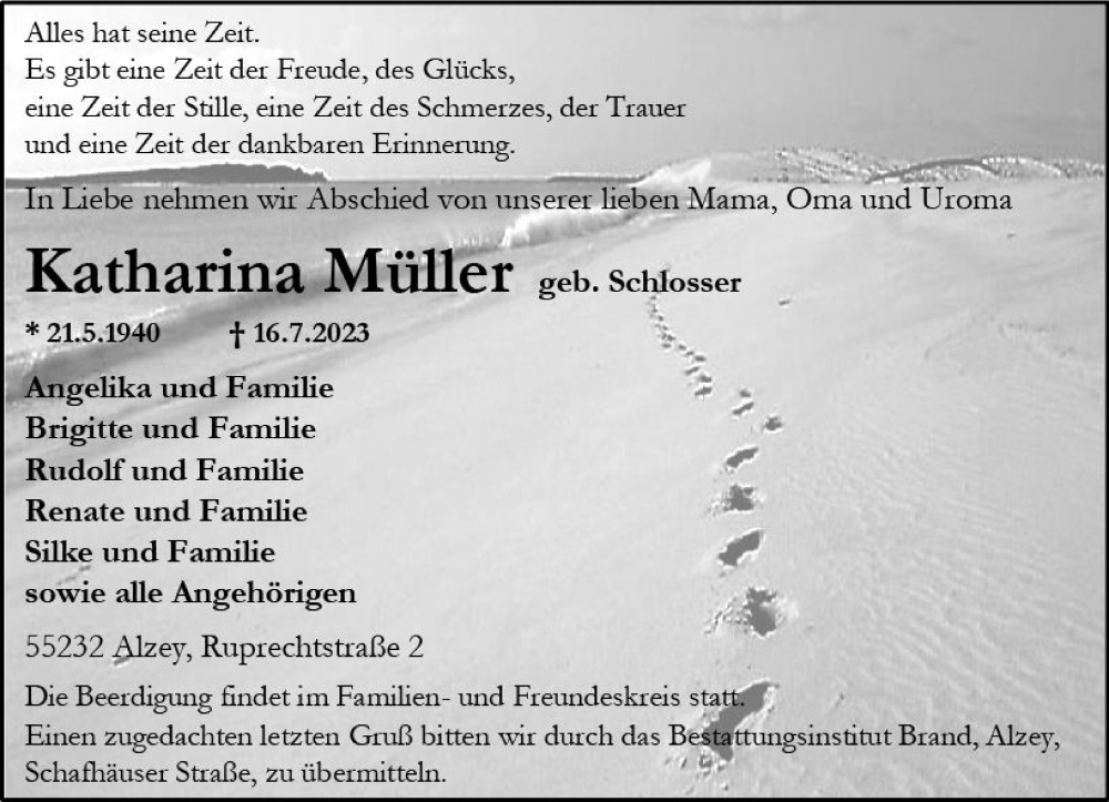  Traueranzeige für Katharina Müller vom 18.07.2023 aus Allgemeine Zeitung Alzey
