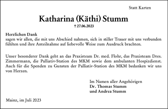 Traueranzeige von Katharina Stumm von Allgemeine Zeitung Mainz