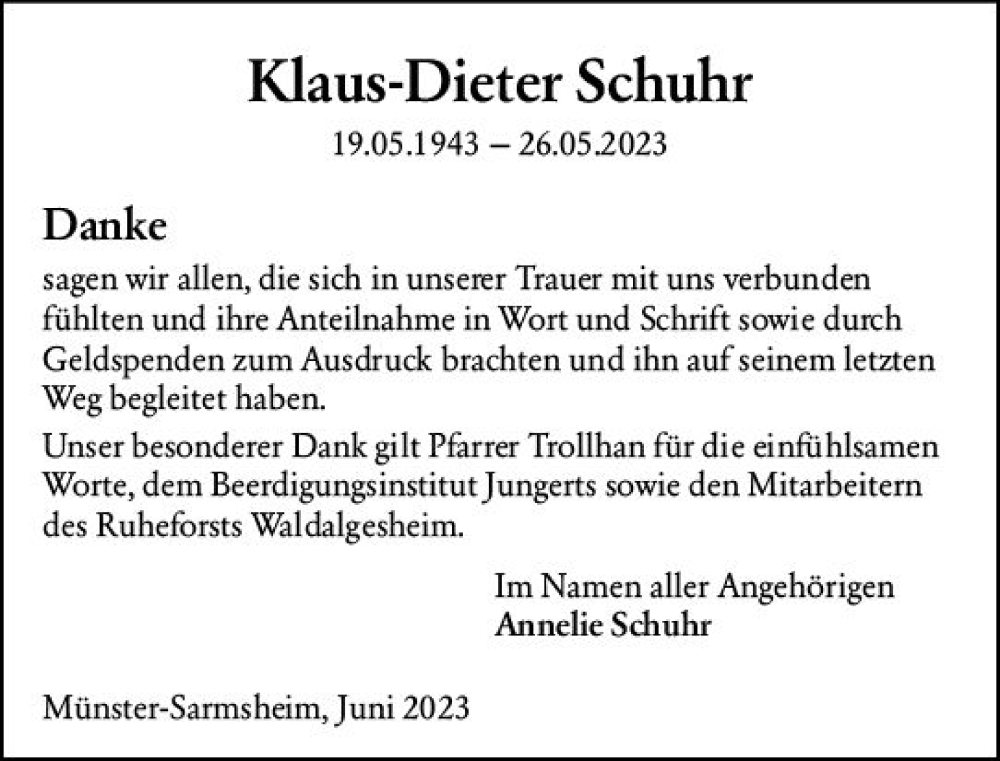  Traueranzeige für Klaus-Dieter Schuhr vom 08.07.2023 aus Bingen/Ingelheim WOBL inkl. Neue Binger Ztg.
