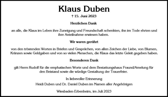 Traueranzeige von Klaus Duben von Wiesbadener Kurier