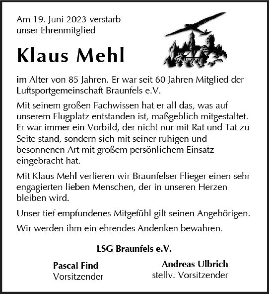  Traueranzeige für Klaus Mehl vom 15.07.2023 aus Wetzlarer Neue Zeitung