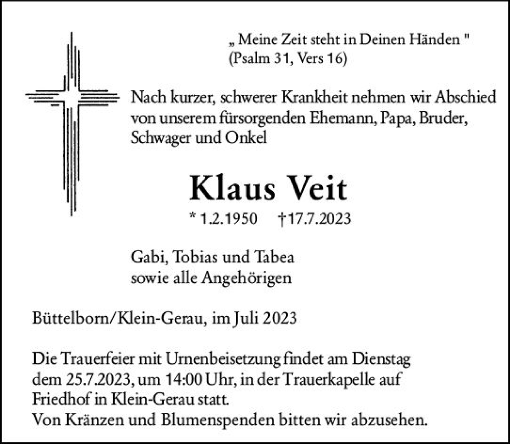  Traueranzeige für Klaus Veit vom 22.07.2023 aus Groß-Gerauer Echo