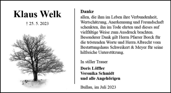 Traueranzeige von Klaus Welk von Odenwälder Echo