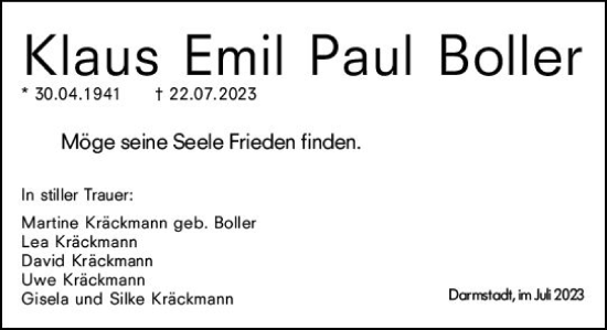 Traueranzeige von Klaus Emil Paul Boller von Darmstädter Echo