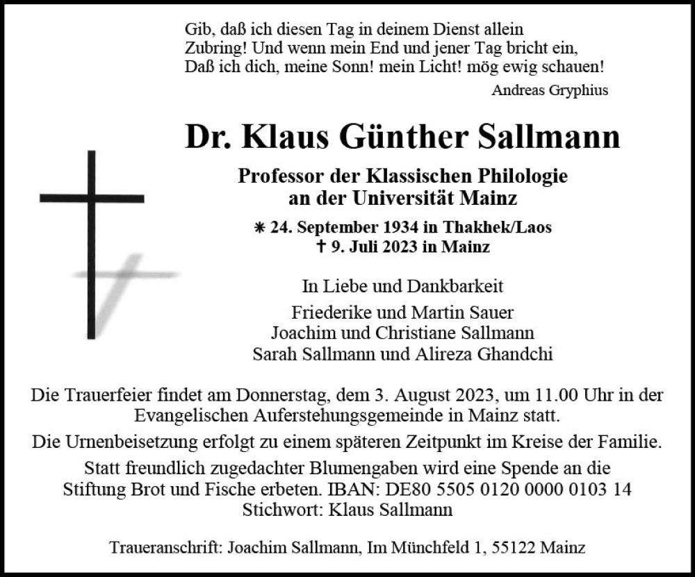  Traueranzeige für Klaus Günther Sallmann vom 22.07.2023 aus Allgemeine Zeitung Mainz