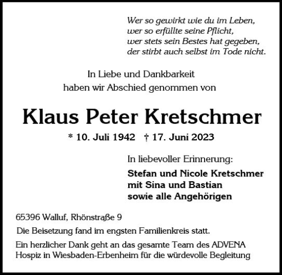 Traueranzeige von Klaus Peter Kretschmer von Wiesbadener Kurier