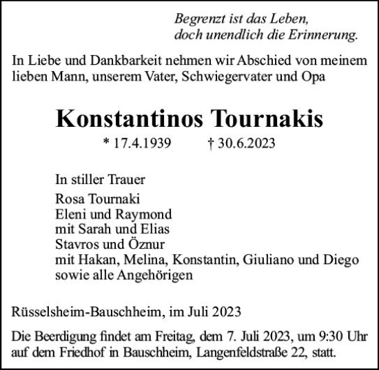 Traueranzeige von Konstantinos Tournakis von Rüsselsheimer Echo