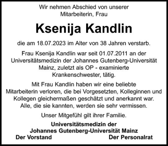 Traueranzeige von Ksenija Kandlin von Allgemeine Zeitung Mainz