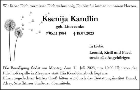Traueranzeige von Ksenija Kandlin von Allgemeine Zeitung Alzey