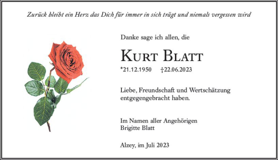 Traueranzeige von Kurt Blatt von Allgemeine Zeitung Alzey