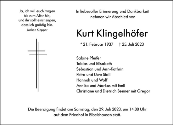 Traueranzeige von Kurt Klingelhöfer von Dill Block