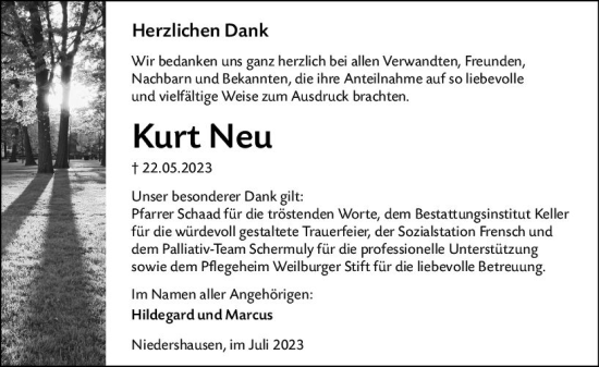 Traueranzeige von Kurt Neu von Weilburger Tageblatt