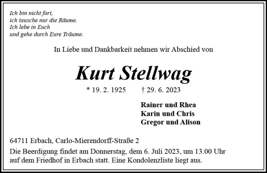 Traueranzeige von Kurt Stellwag von Odenwälder Echo