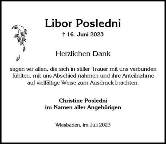 Traueranzeige von Libor Posledni von Wiesbadener Kurier