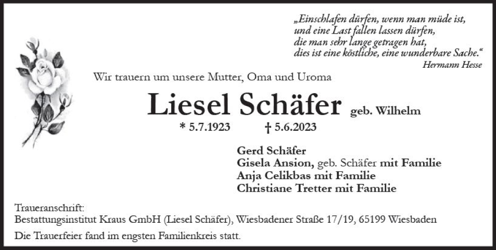  Traueranzeige für Liesel Schäfer vom 08.07.2023 aus Wiesbadener Kurier