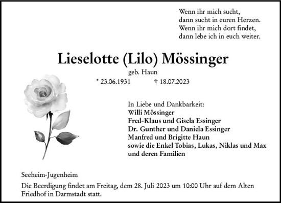 Traueranzeige von Lieselotte Mössinger von Darmstädter Echo