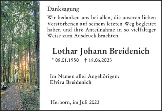 Traueranzeige von Lothar Johann Breidenich von Dill Block