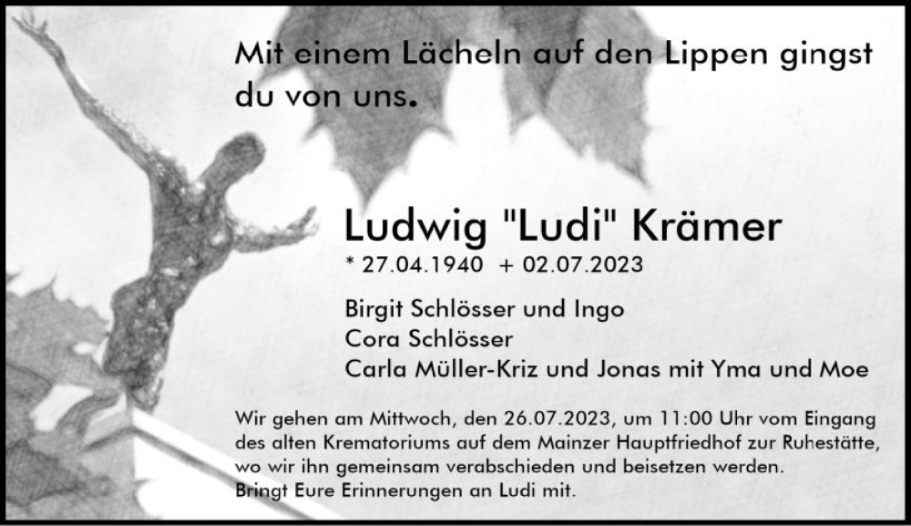  Traueranzeige für Ludwig  Krämer vom 15.07.2023 aus Allgemeine Zeitung Mainz