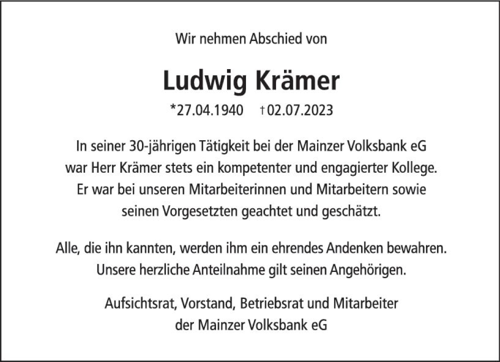  Traueranzeige für Ludwig  Krämer vom 29.07.2023 aus Allgemeine Zeitung Mainz