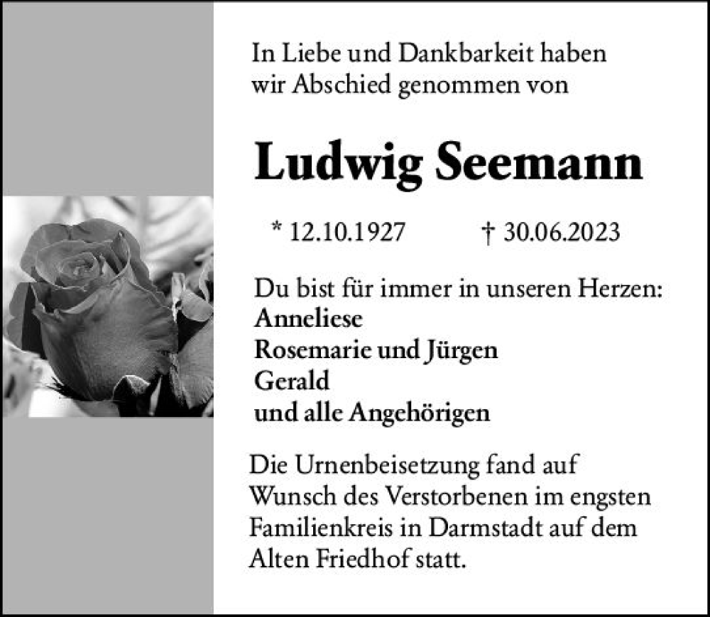  Traueranzeige für Ludwig Seemann vom 15.07.2023 aus Darmstädter Echo