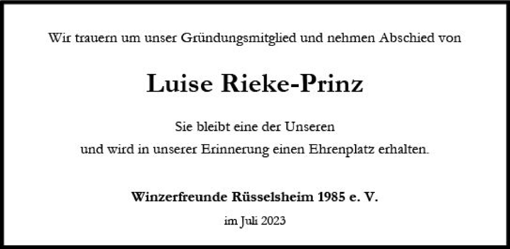  Traueranzeige für Luise Rieke-Prinz vom 08.07.2023 aus Rüsselsheimer Echo