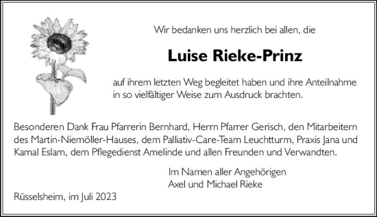 Traueranzeige von Luise Rieke-Prinz von Rüsselsheimer Echo