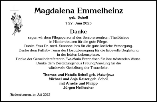 Traueranzeige von Magdalena Emmelheinz von Wiesbadener Kurier