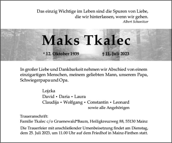 Traueranzeige von Maks Tkalec von Allgemeine Zeitung Mainz